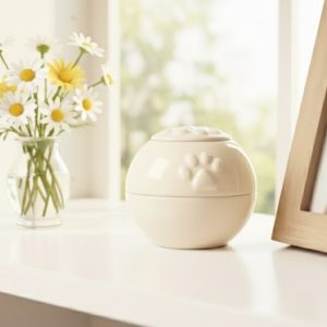 白くて丸い骨壺と愛犬の遺影に花を供えている