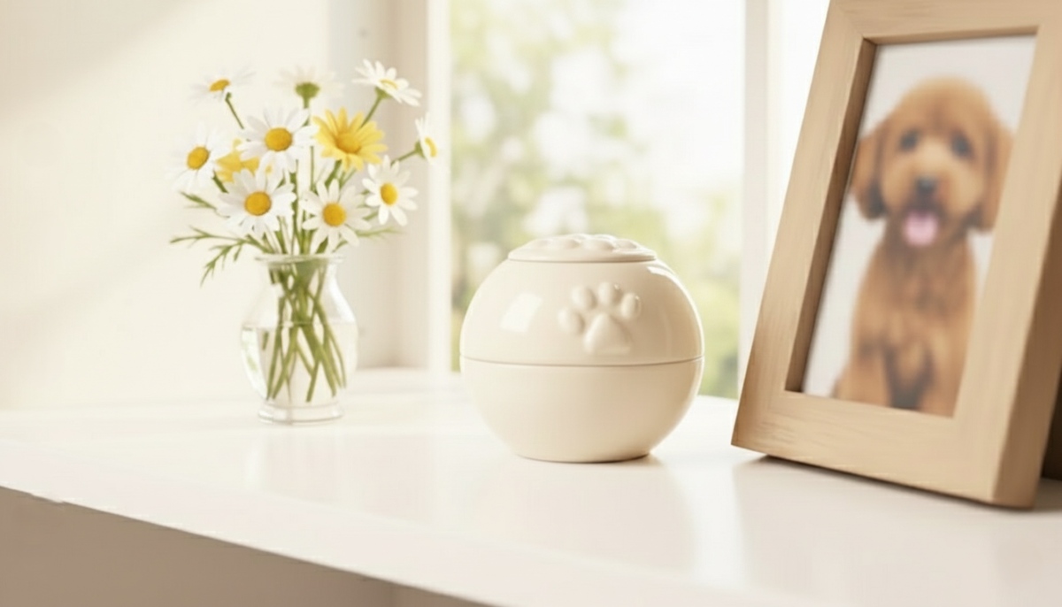 白くて丸い骨壺と愛犬の遺影に花を供えている