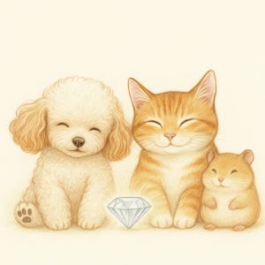 ダイヤモンドを囲んで仲良く微笑む3匹の小動物。ベージュトーンの柔らかなイラスト。