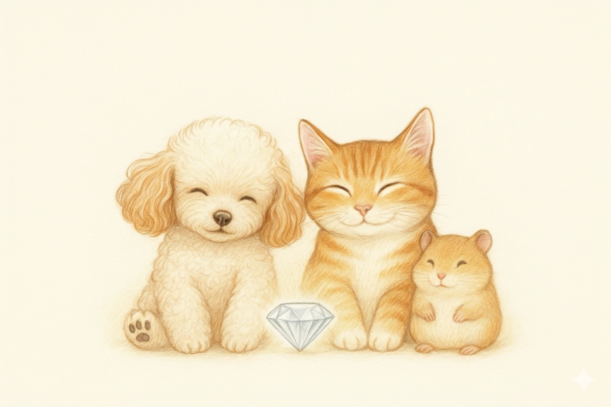 ダイヤモンドを囲んで仲良く微笑む3匹の小動物。ベージュトーンの柔らかなイラスト。