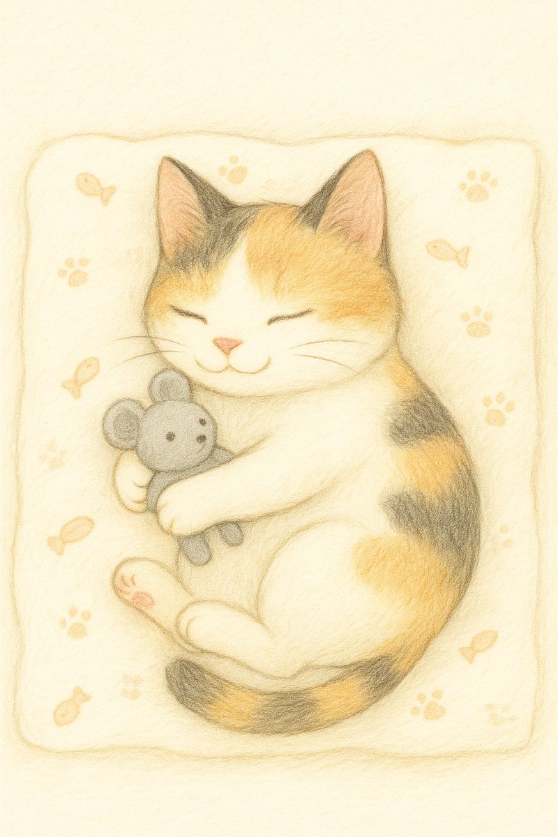 大好きだったネズミのぬいぐるみをぎゅっと抱きしめて、幸せそうに眠る三毛猫のイラスト