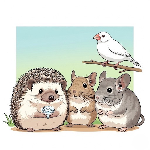ハリネズミ、デグー、チンチラ、文鳥が見守る中でダイヤモンドが輝いているイラスト