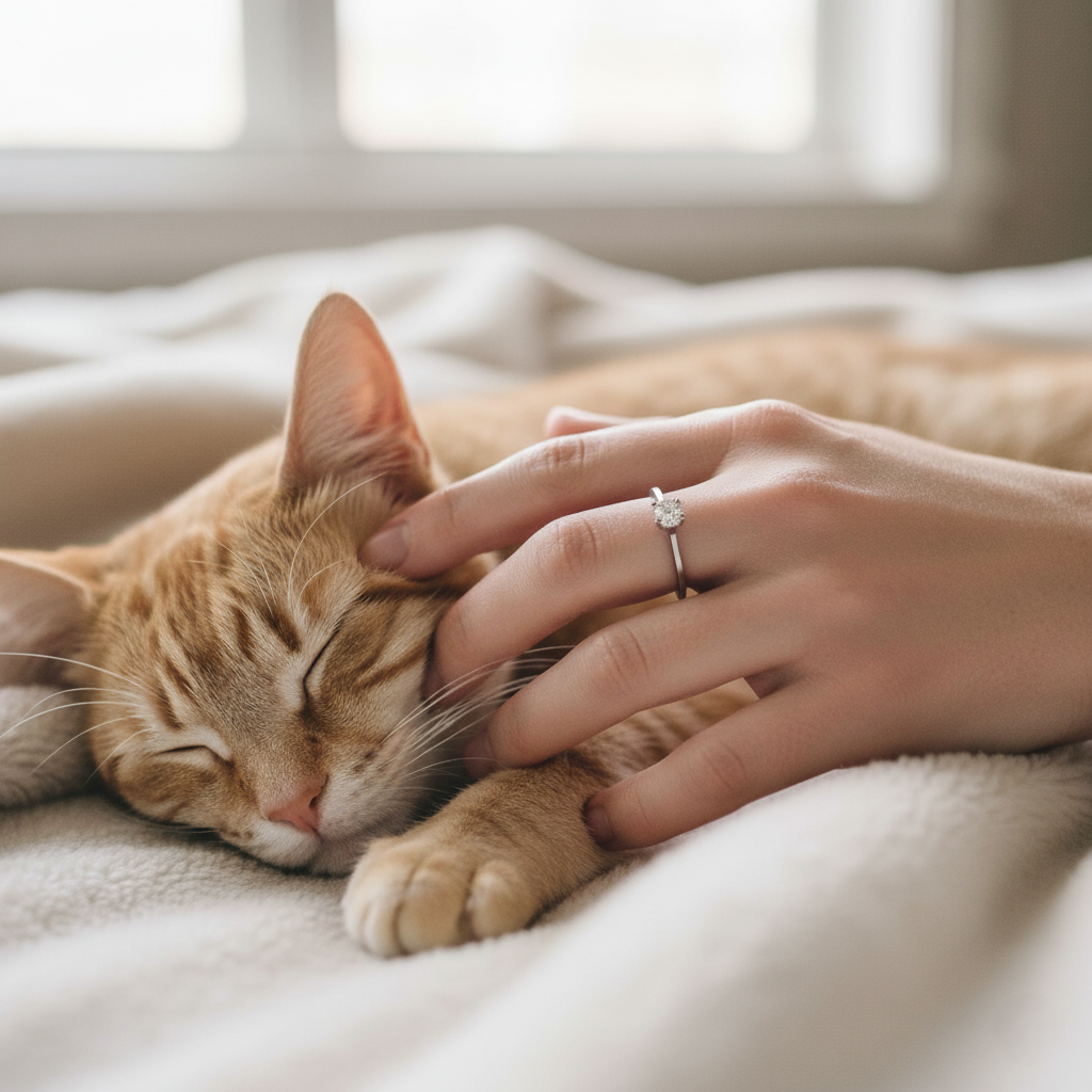 穏やかな光の中で眠る猫と、ご遺骨から生まれたメモリアルダイヤモンドの指輪