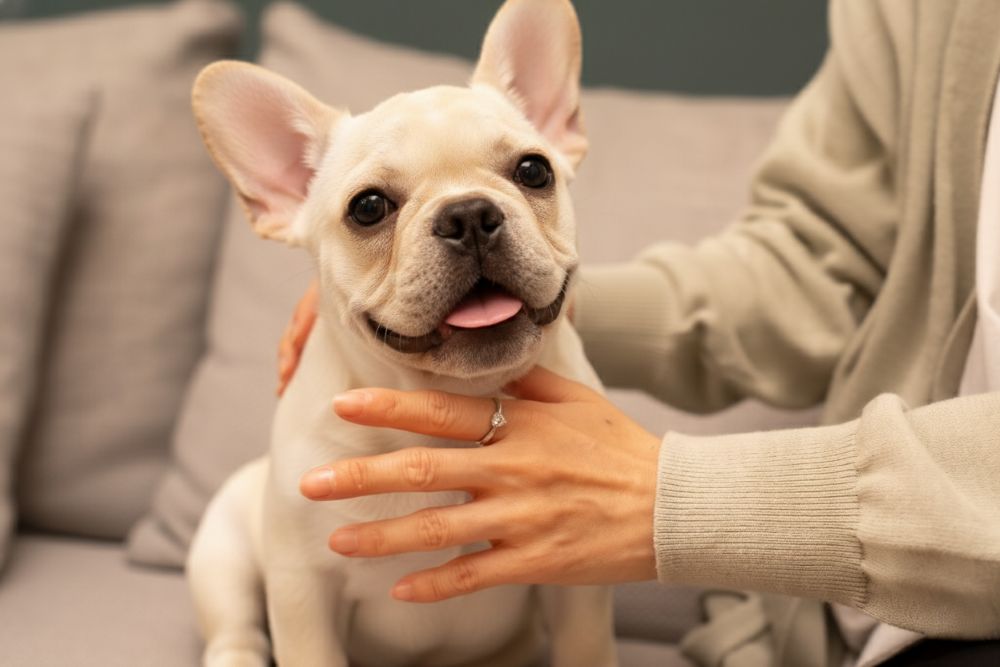 ソファーに座る愛犬をなでる遺骨ダイヤモンドリングをした女性