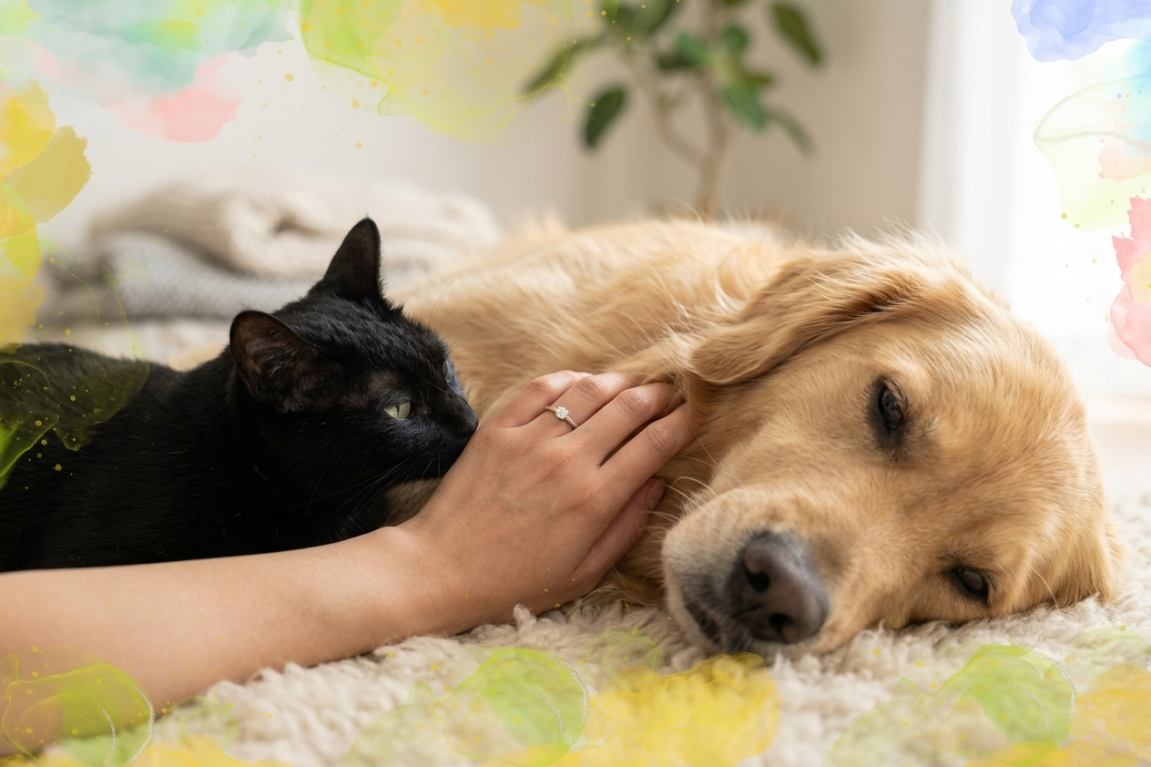犬と猫とメモリアルダイヤモンドリングのイメージ 